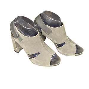 Grey Suede Peep Toe Block Heel Sandals w Ankle Strap and Side Cutouts 36 (US 6)